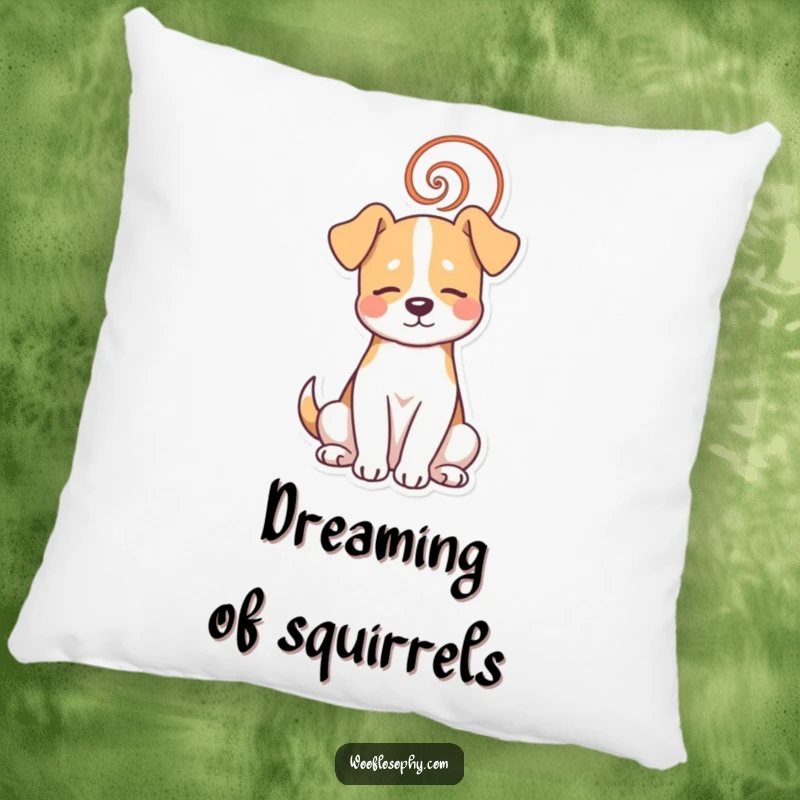 Funny dog pillow with a dog in a meditative state and a spiral, providing comfort and humorous tranquility.