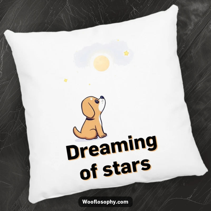 Funny dog pillow showcasing a sweet dog looking up with awe at a glowing star in the dark night.