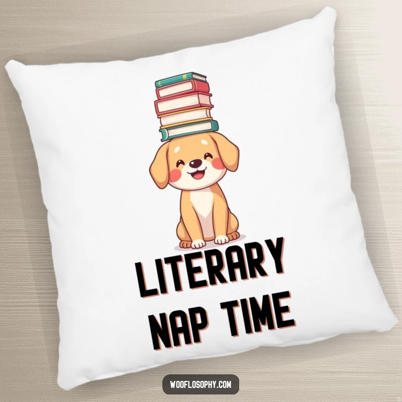Funny book lover dog pillow, a dog smiling while balancing a stack of books on its head, soft and decorative.