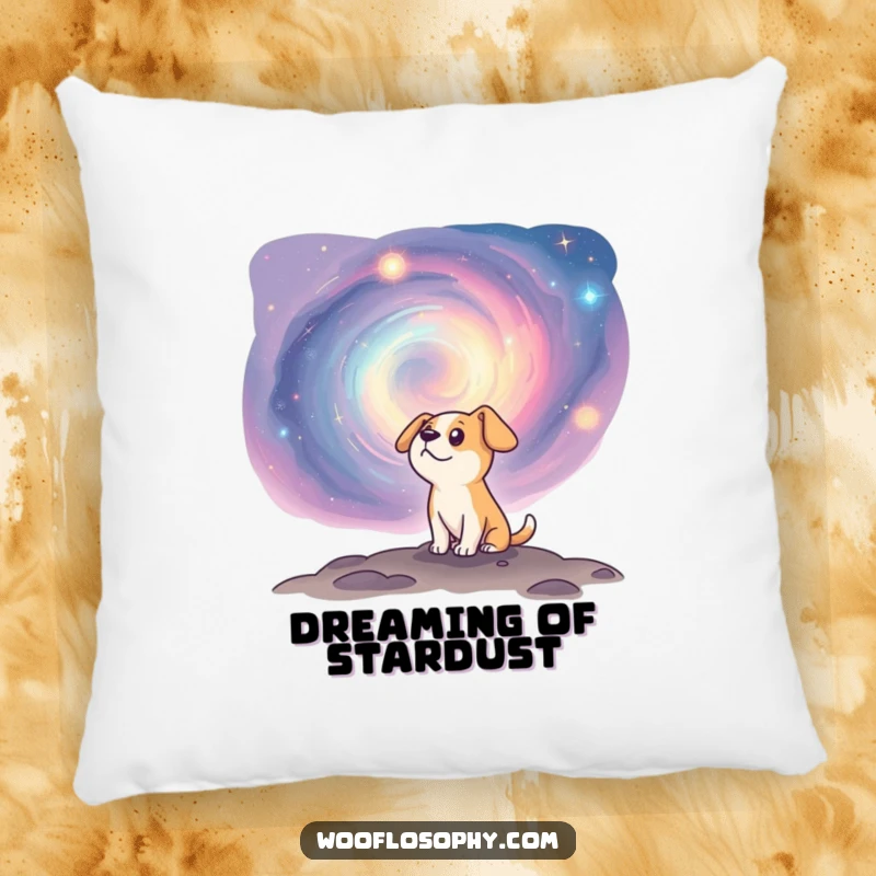 Funny dog looking up at a swirling cosmic nebula on a soft pillow, offering a touch of humor and wonder.