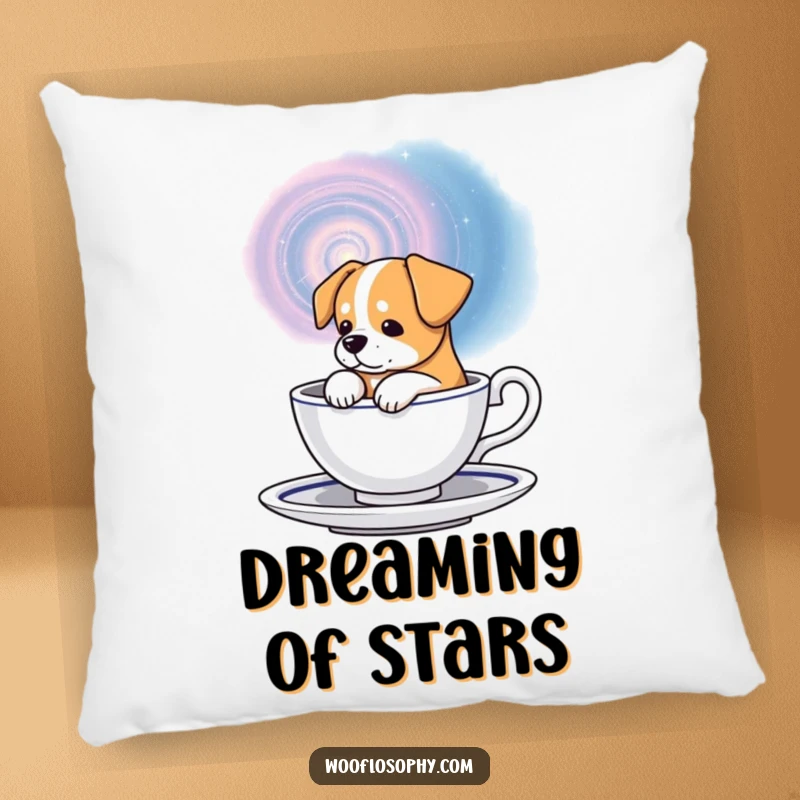 Funny cosmic dog pillow, a dog gazing into a swirling galaxy in a teacup, soft and decorative.