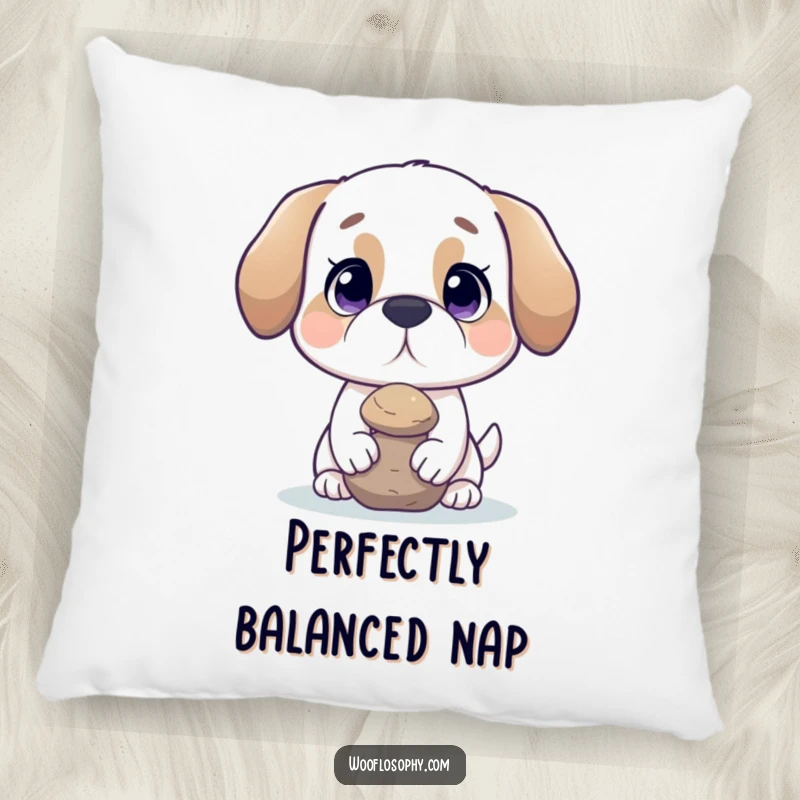 Funny dog pillow with a dog balancing a rock, providing comfort and humorous tranquility.