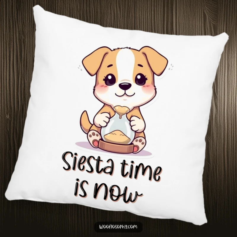 Funny pillow showcasing a curious dog character holding a tiny hourglass and intently watching the sand flow.