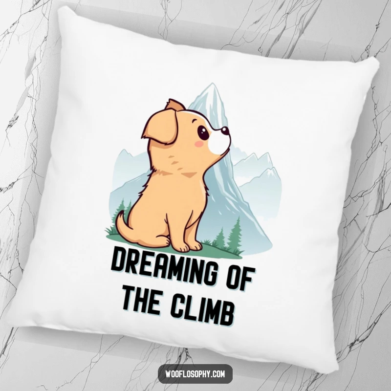Funny pillow with a dog admiring a misty mountain, bringing a sense of wonder and cozy vibes to any space.