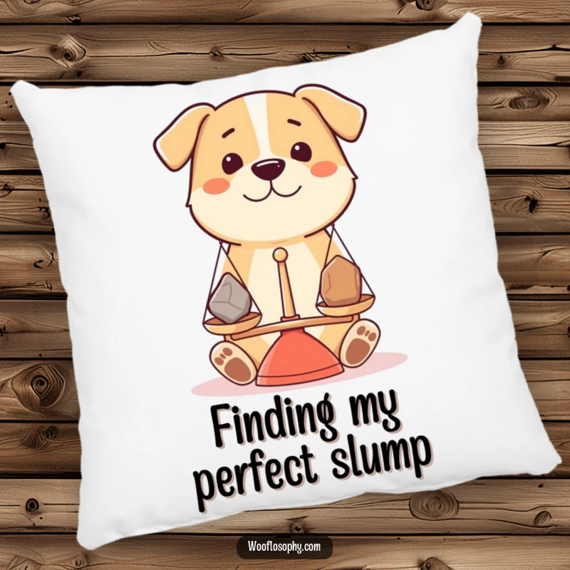 Funny dog holding a tiny balance scale, weighing stones, depicted on a soft pillow.