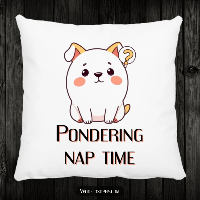 Funny dog pillow with a round dog looking at a question mark, providing comfort and a touch of humorous thought.