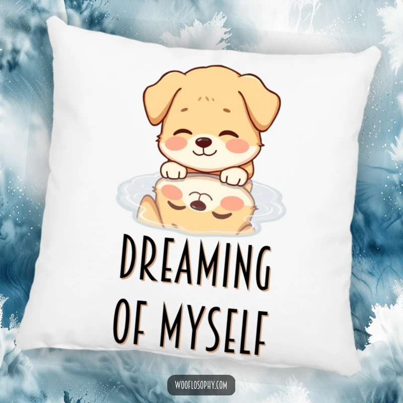 Funny Dog Pillow: A content dog with a peaceful expression looks at its mirrored image in a puddle.