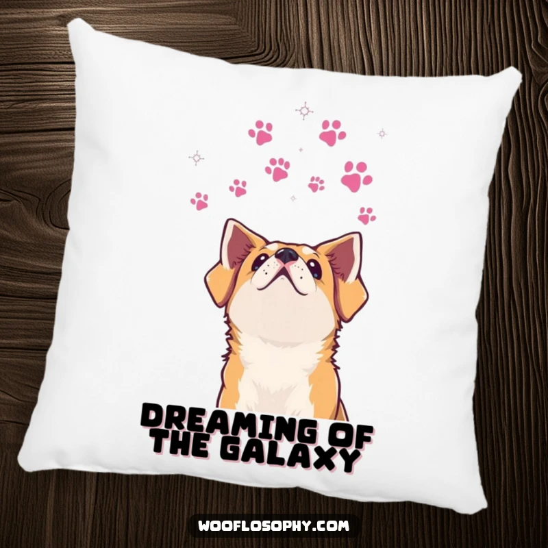 Funny dog pillow with a dog looking at paw print stars, providing comfort and humorous whimsy.