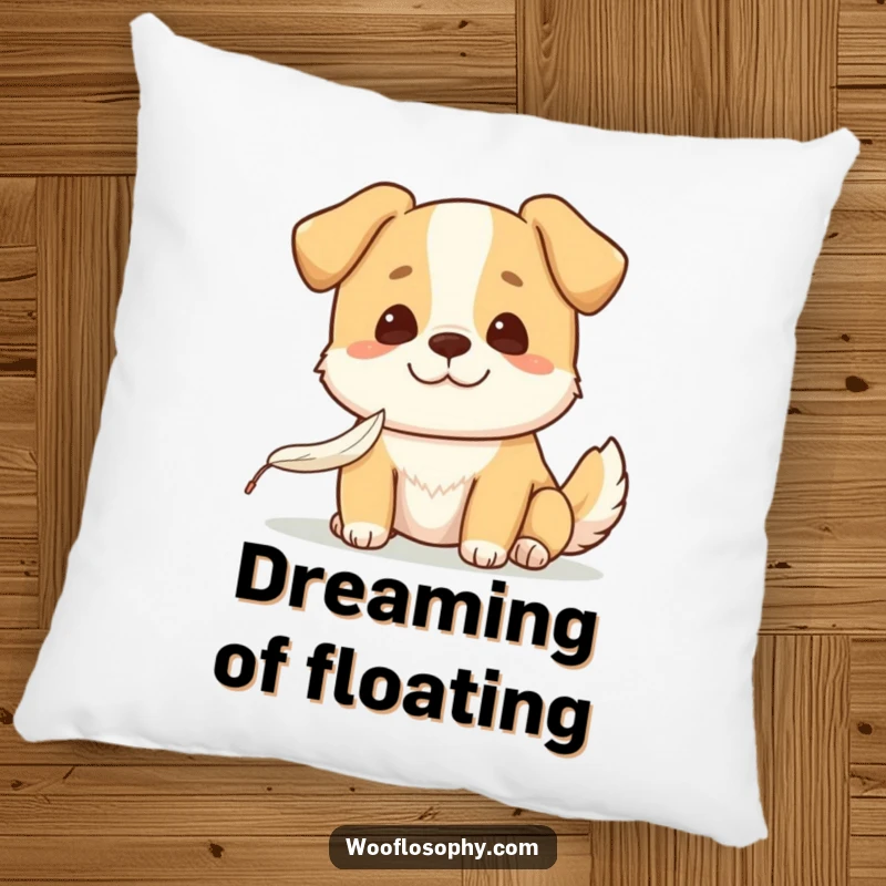 Funny Kawaii dog with a gentle smile watching a feather fall, a soft pillow for adding humorous and comforting decor to any room.