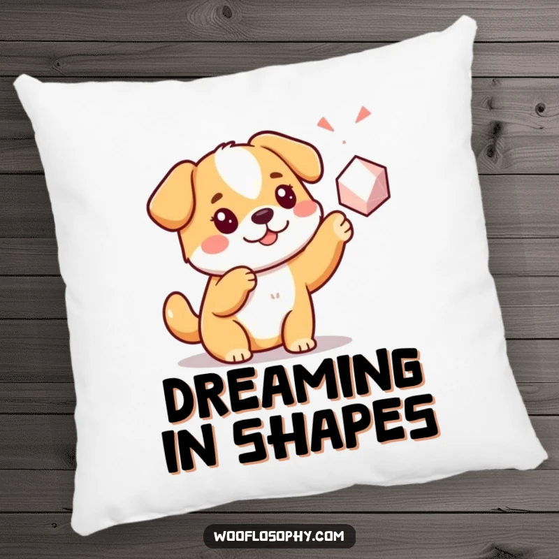 Funny Kawaii dog pointing at a geometric shape, a soft pillow for adding humorous and comforting decor to any room.