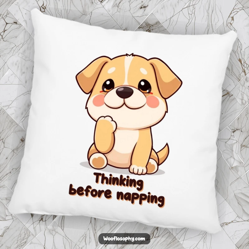 Funny Kawaii dog thoughtfully stroking its chin, a soft pillow for adding humorous and comforting decor to any room.