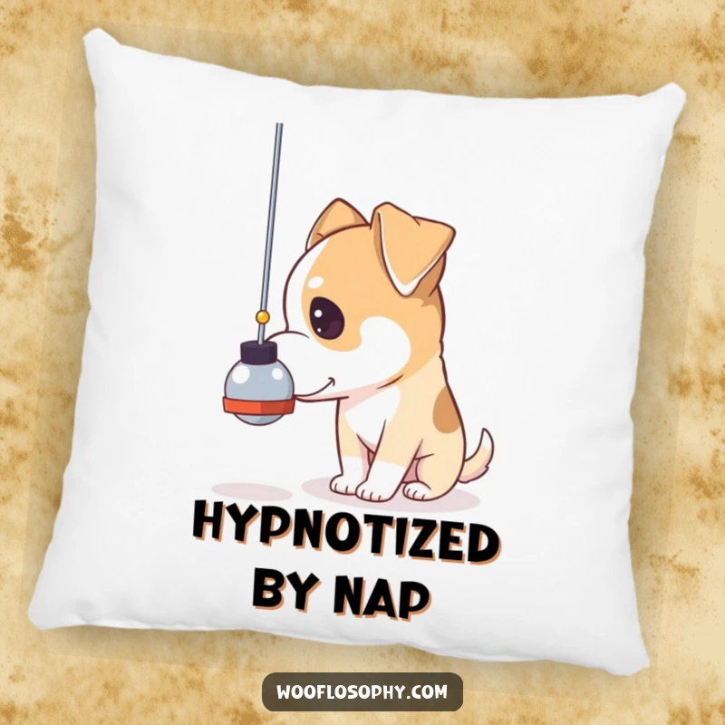 Funny pensive dog pillow, a dog gazing thoughtfully at a swinging pendulum, soft and decorative.