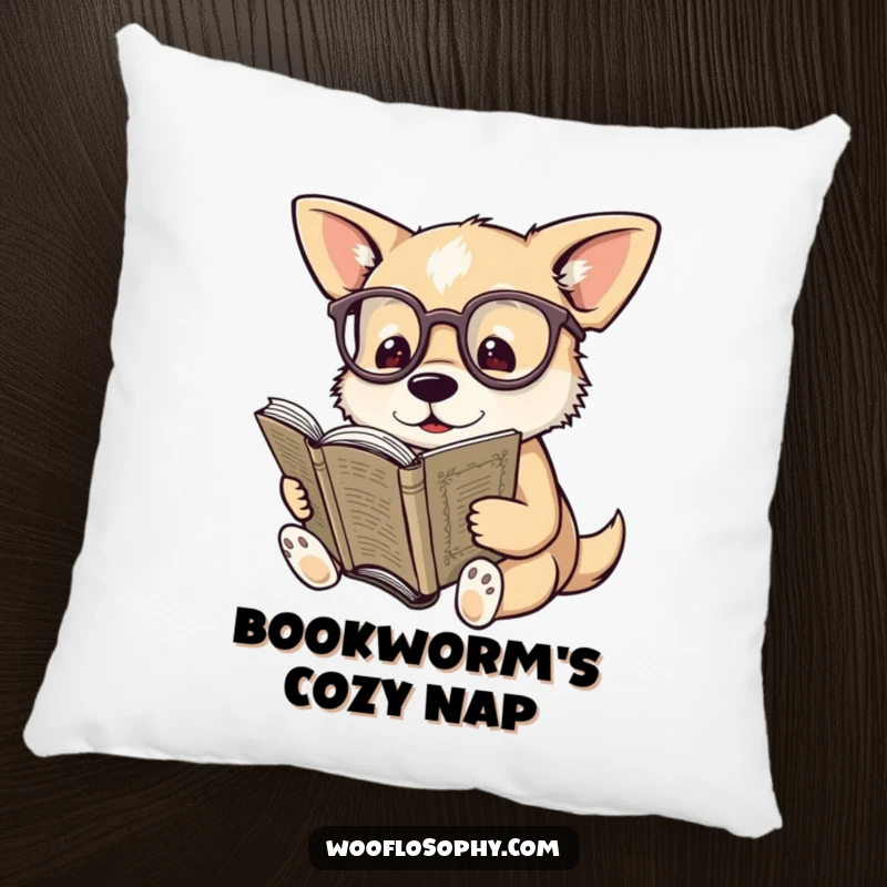 Funny pillow with a dog wearing spectacles, reading an old book, adding scholarly charm to decor.