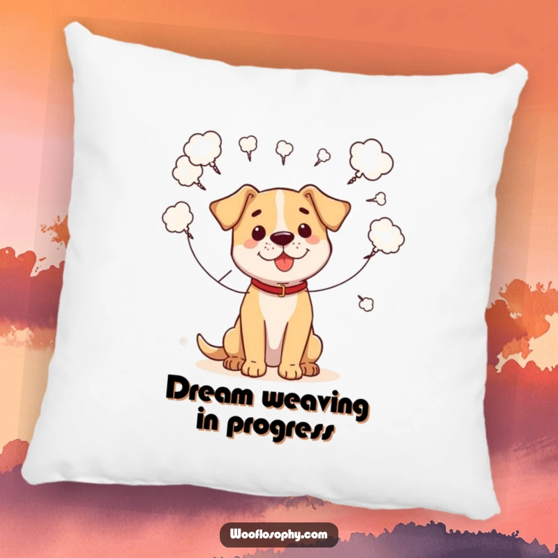 Funny pillow with a dog connecting scattered thought bubbles with strings, symbolizing deep and humorous contemplation.
