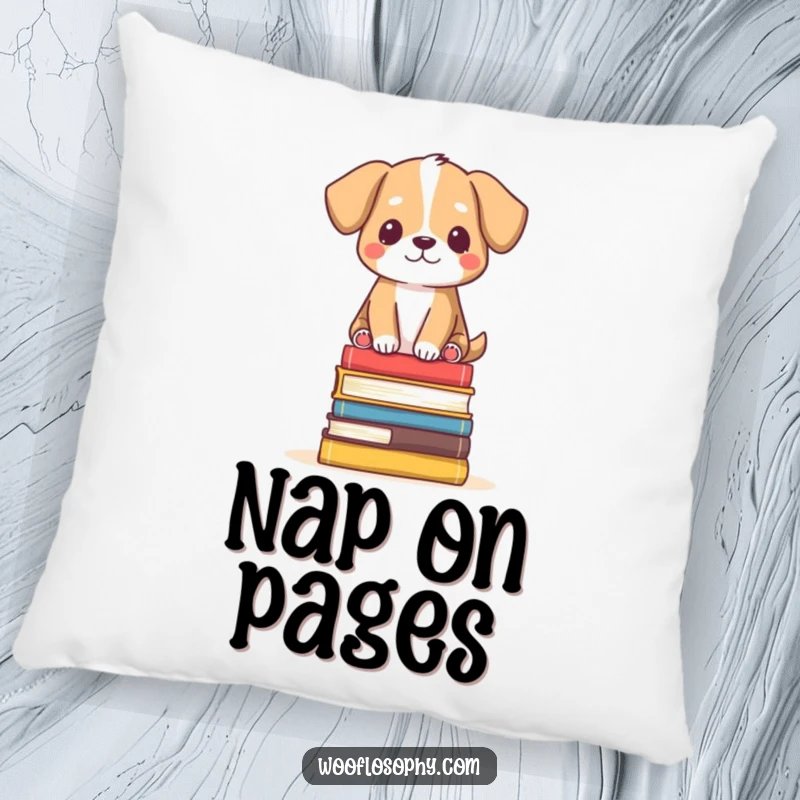 Funny Pillow: Dog balanced serenely on a stack of books, offering humorous comfort and peaceful decor.