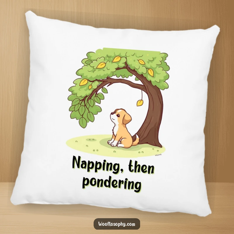 Funny dog sitting under a tree, looking contemplatively at a falling leaf, a humorous and cozy pillow.