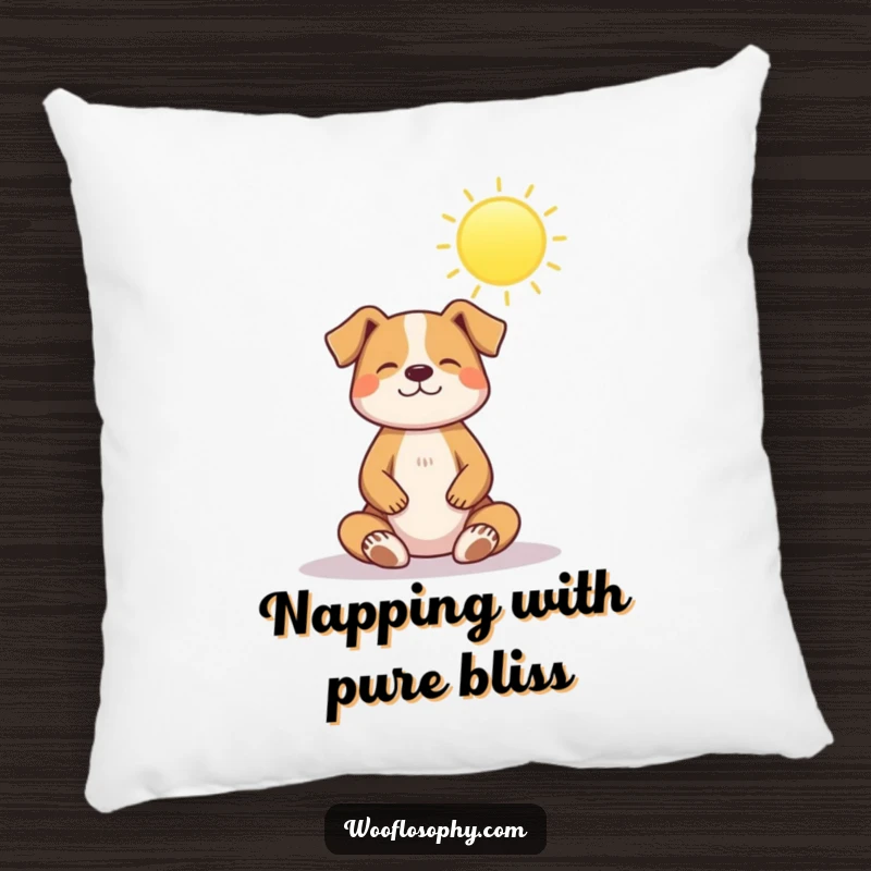 Funny pillow: a dog sits in a serene meditation pose under a bright, shining sun, radiating calm.