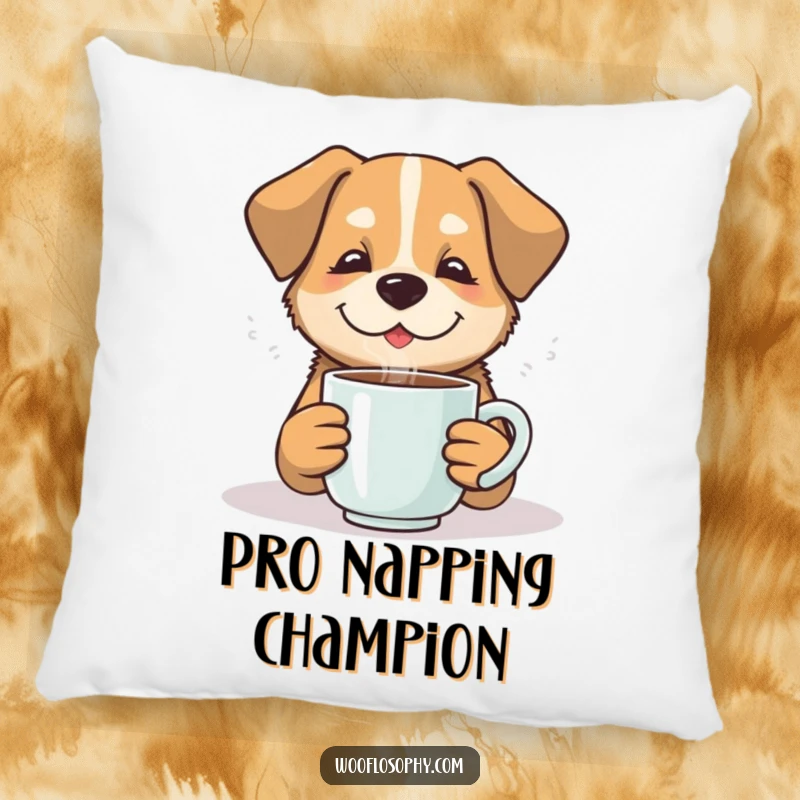 Funny dog looking content with a steaming mug on a soft pillow, bringing humor and calm.