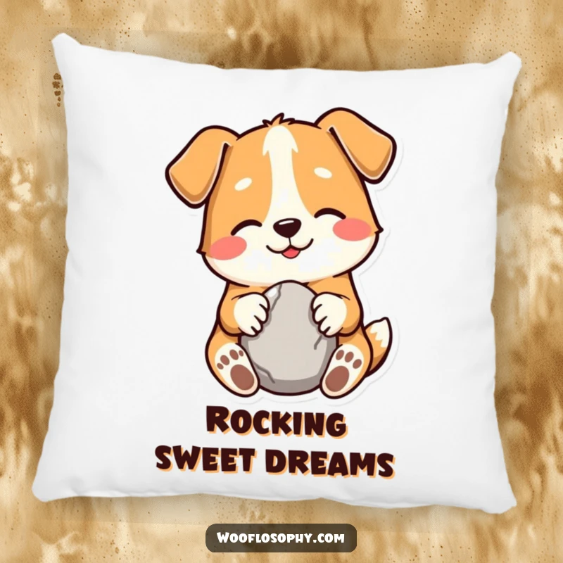Funny pillow featuring a gentle, smiling dog holding a smooth stone, bringing cozy humor and serene vibes.