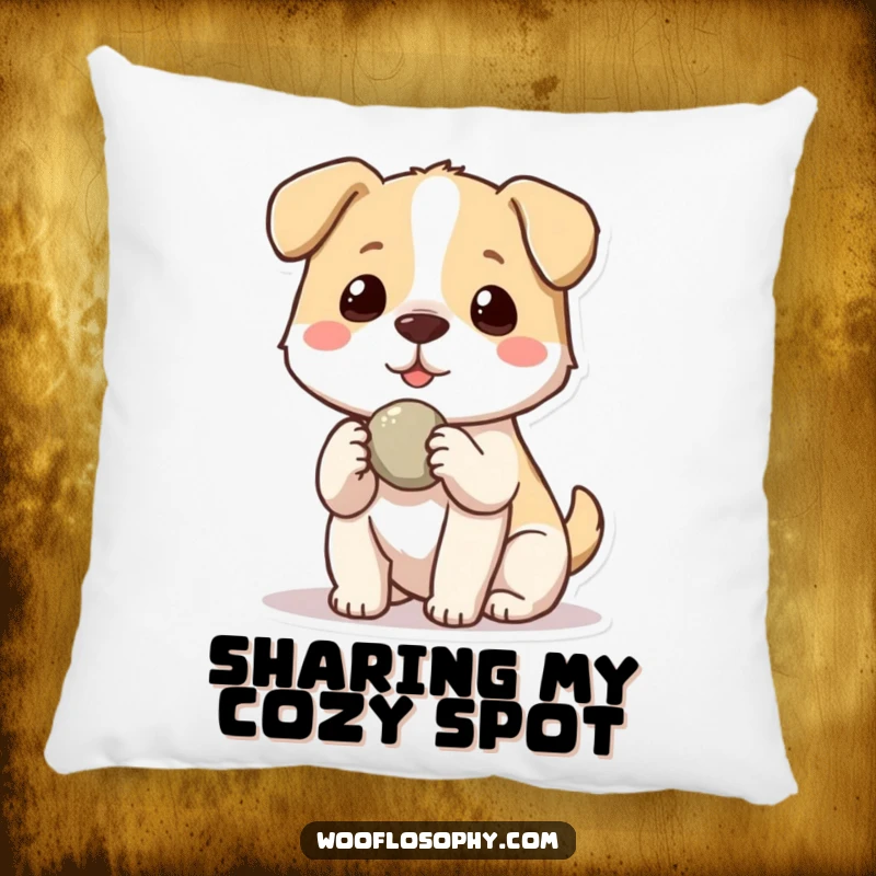 Funny Kawaii dog offering a small stone to another, a soft pillow for adding humorous and comforting decor to any room.
