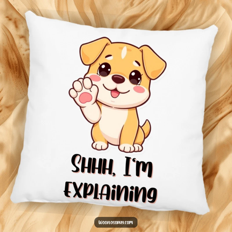Funny pillow with a dog holding its paw up, ready to share a humorous, lengthy explanation.