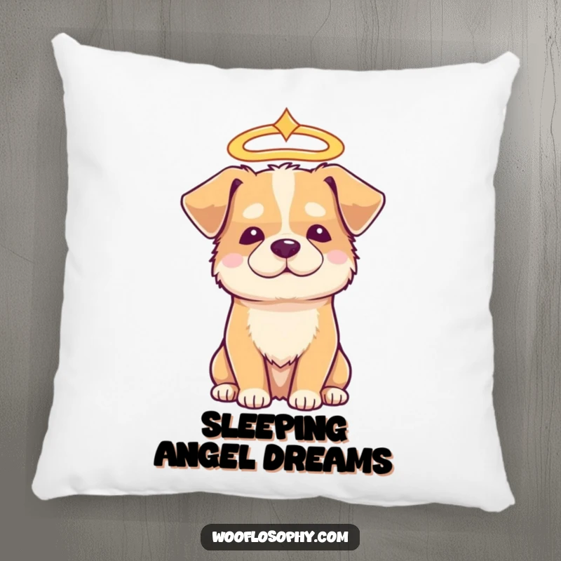 Funny angelic dog pillow, a dog with a halo looking serene and wise, soft and decorative.