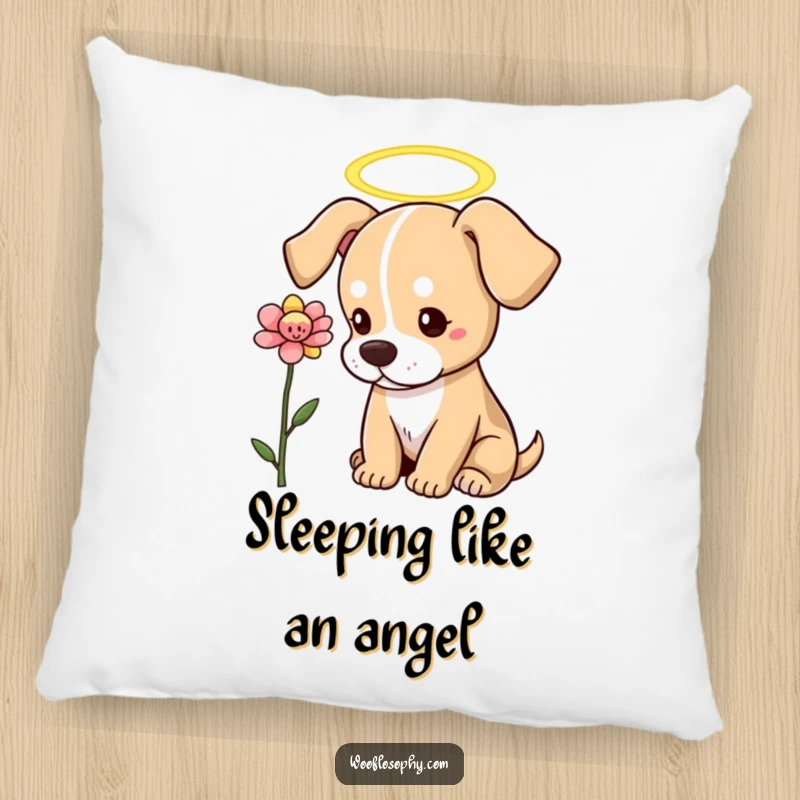 Funny Dog Pillow: A dog with a halo thoughtfully looks at a flower, symbolizing purity and gentle love.