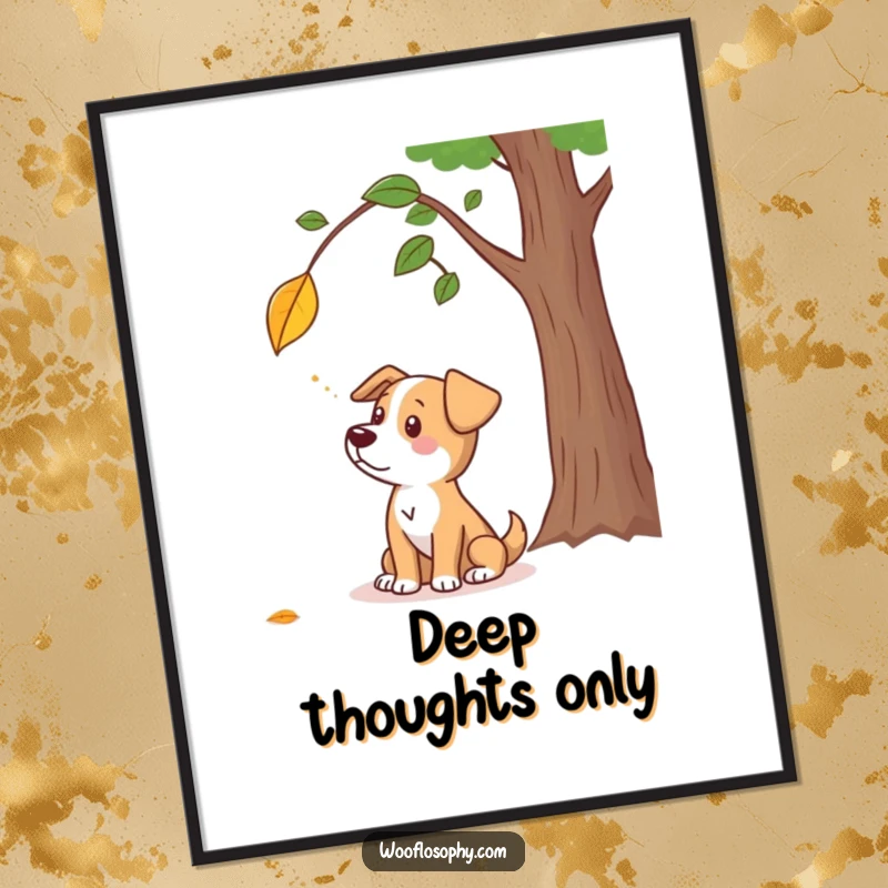 Funny digital art print of a dog character contemplating a falling leaf, capturing the essence of autumn humor.