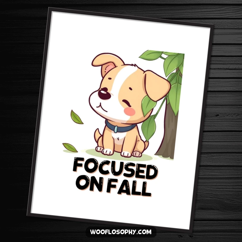 Funny digital art print of a dog character intently listening to a leaf gently falling, artistic and serene.