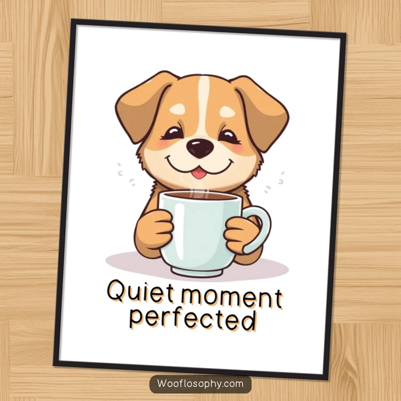 Funny dog relaxing with a steaming mug, a digital art print for a humorous and peaceful gift.