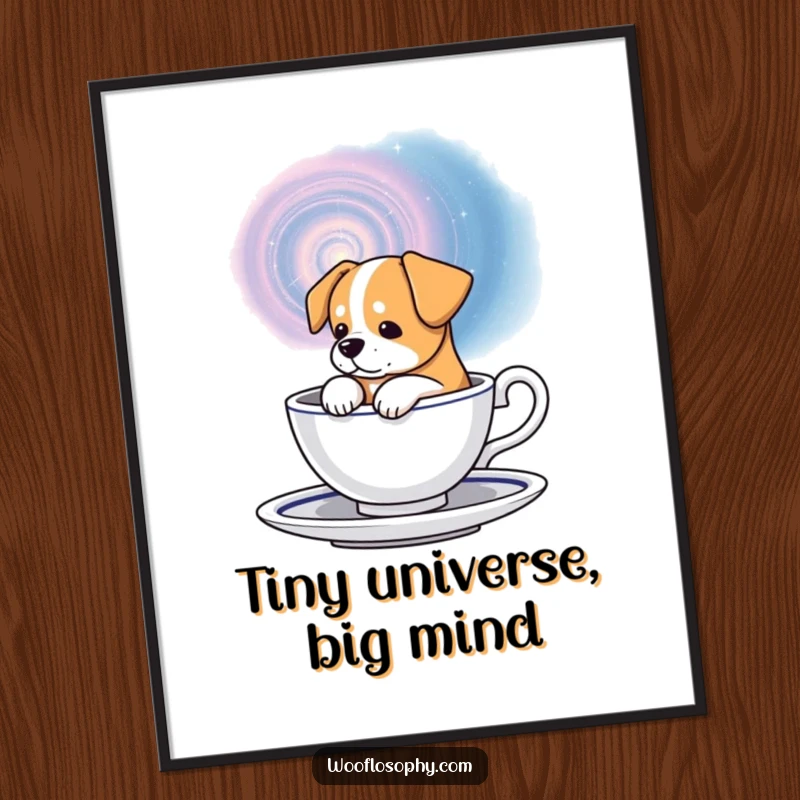 Funny cosmic dog digital art print, a dog contemplating a swirling galaxy in a teacup, ready to be framed.