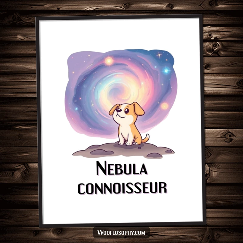 Funny dog looking into a swirling cosmic nebula, a digital art print for a humorous and awe-inspiring gift.