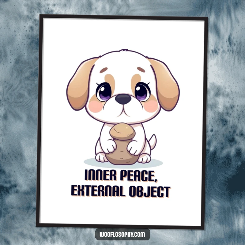 Funny dog digital art print of a dog balancing a rock, symbolizing patience and humor.