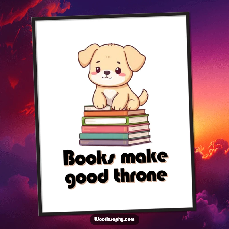 Funny digital art print: a dog sitting peacefully on a large stack of books, exuding an aura of deep serenity.