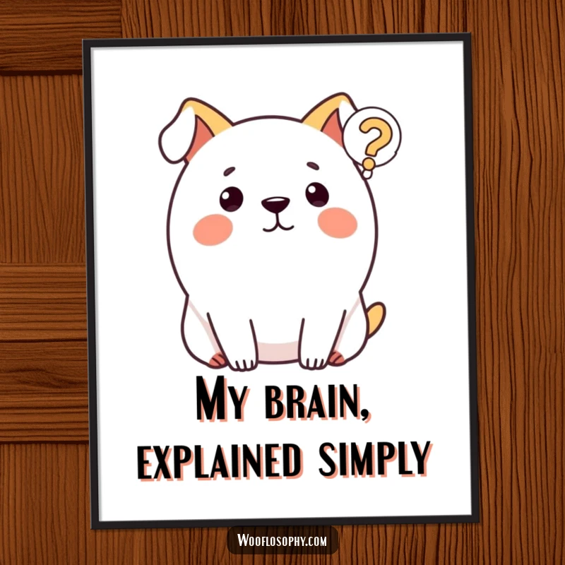 Funny dog digital art print of a round dog questioning life with a floating icon, ready for instant download.