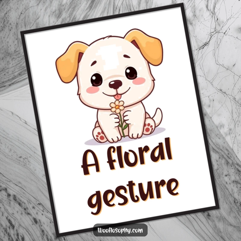 Funny dog digital art print, a dog offers a flower with a sweet smile, perfect for adorable and humorous decor, instant gift.