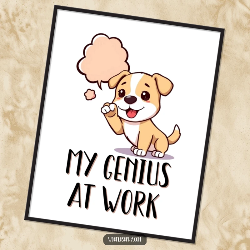 Funny dog digital art print of a dog reaching for a thought bubble, symbolizing ideas and creativity.