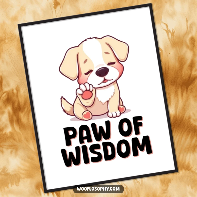 Funny digital art print of a dog looking at its paw with a hilariously profound expression, offering instant humorous decor.