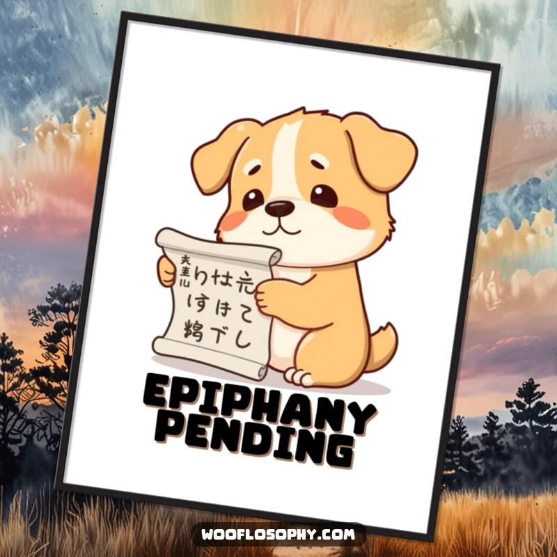 Funny dog digital art print of a dog holding a scroll and scratching its head in a moment of deep thought.