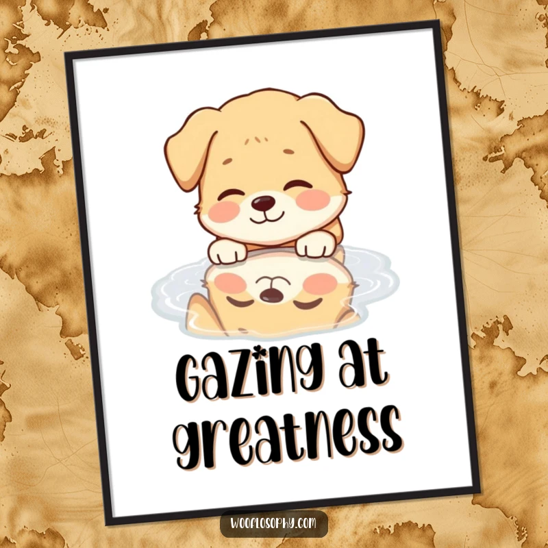 Funny Dog Digital Art: A dog's peaceful smile is reflected in a puddle, creating a heartwarming and humorous scene.