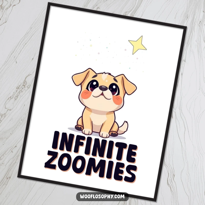 Funny digital art print of a dog character gazing at a starry sky, capturing the wonder of cosmic humor.