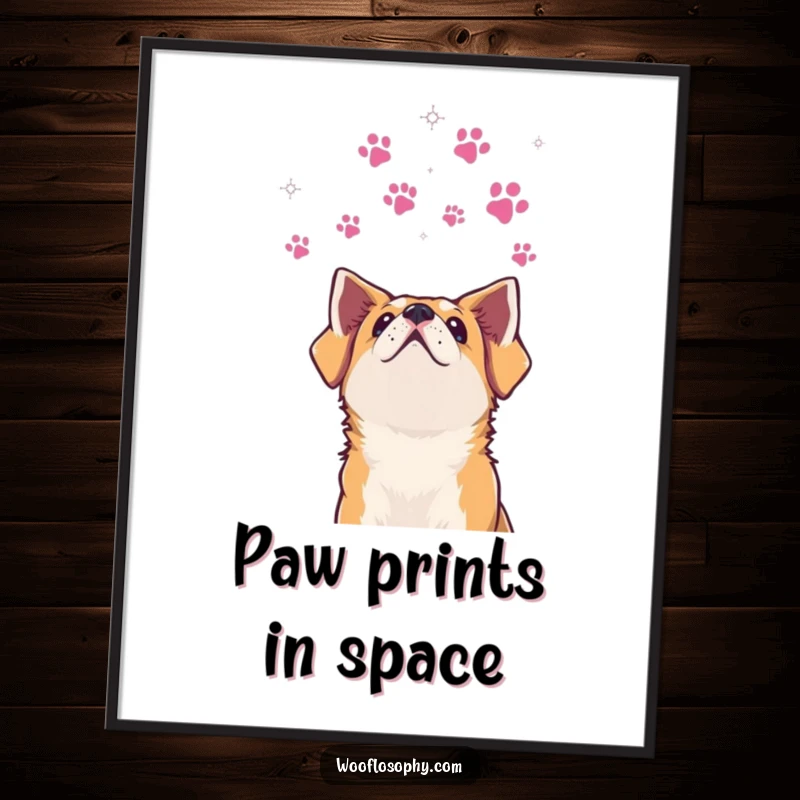 Funny dog digital art print of a dog looking at a paw print constellation, symbolizing dreams and whimsy.