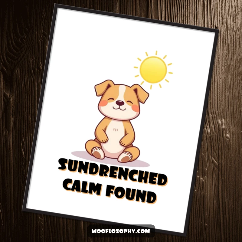 Funny digital art print: a dog sits in a peaceful meditation pose beneath a radiant sun, radiating calm.