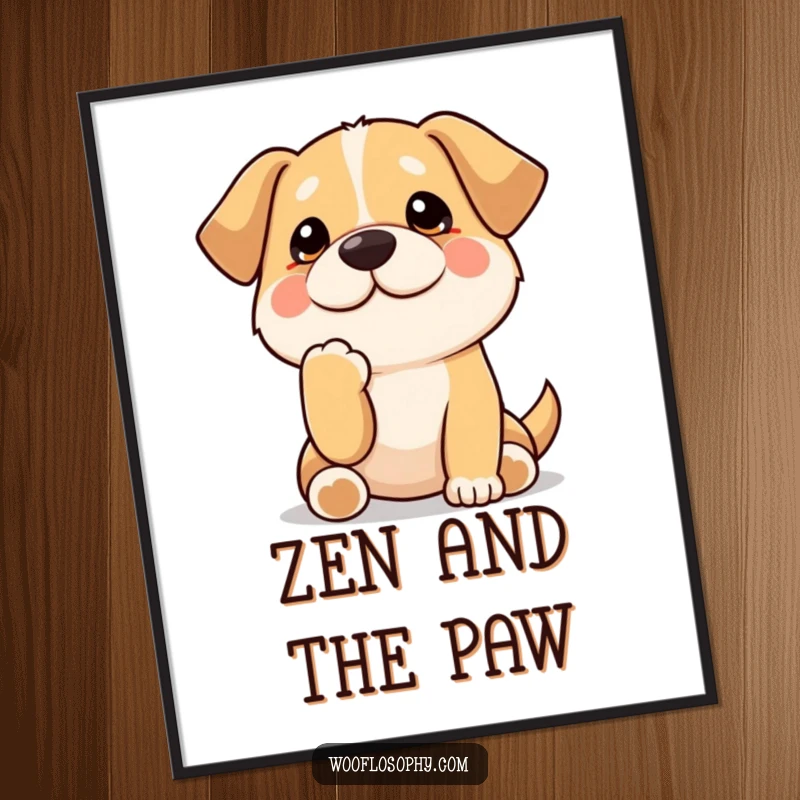 Funny Kawaii dog thoughtfully stroking its chin with a paw, a humorous digital art print celebrating contemplation and quiet reflection.