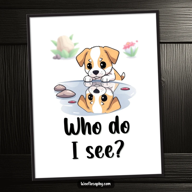 Funny dog gazing at its reflection in a pond, printable digital art for humorous and thoughtful wall decor.