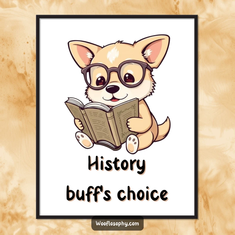 Funny digital art print of a dog wearing spectacles, reading an old book, ideal for bookish or study decor.