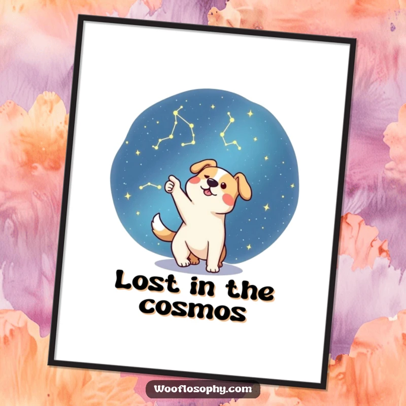 Funny dog enthusiastically pointing at a constellation in the night sky, humorous digital art for wall decor.