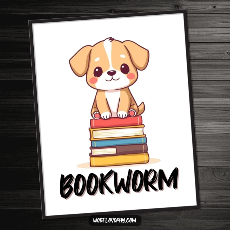Funny Digital Art Print: Dog balanced serenely on a small stack of books, conveying peace and humor.
