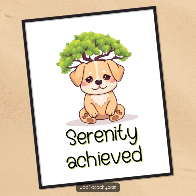 Funny zen dog digital art: a calm dog meditates peacefully under a miniature tree, embodying tranquility and quiet mindfulness.