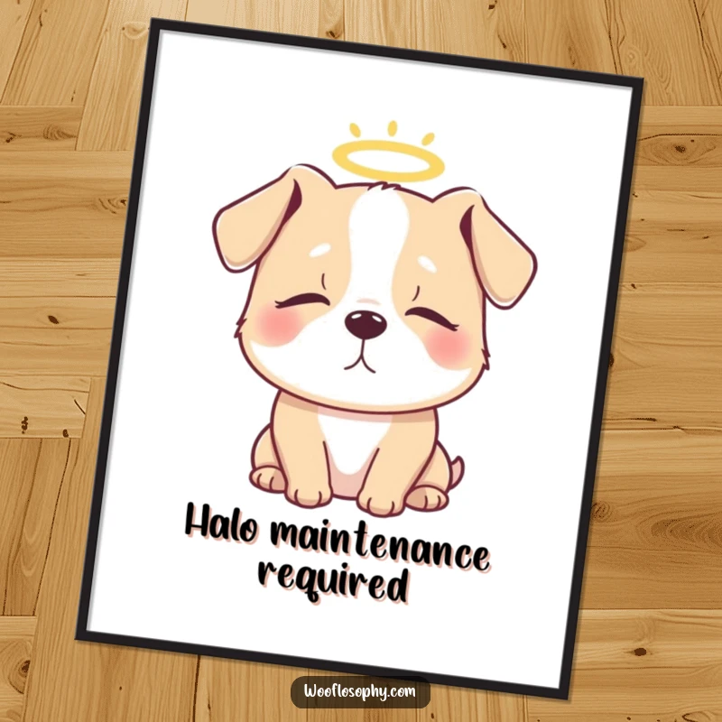 Funny digital art print of a dog with closed eyes and a halo, symbolizing peace and divine love.